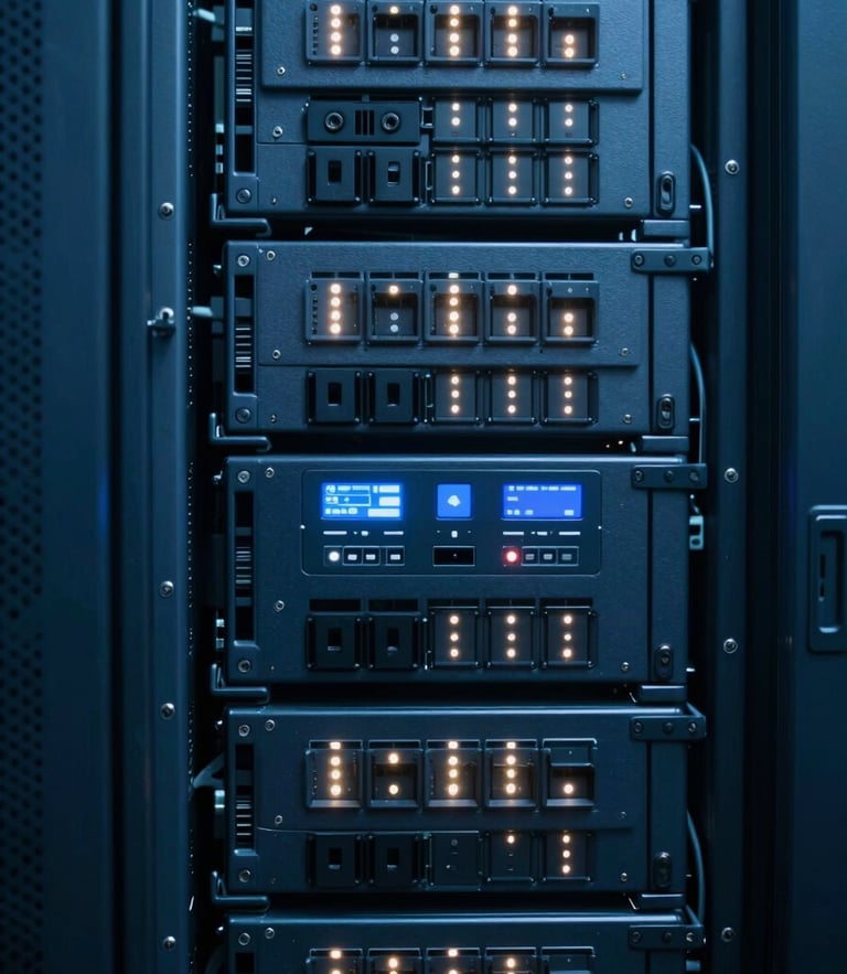 Macro photography of cool-toned blue server racks in a secure enterprise data center, sharp focus on blinking LED indicators, shallow depth of field.