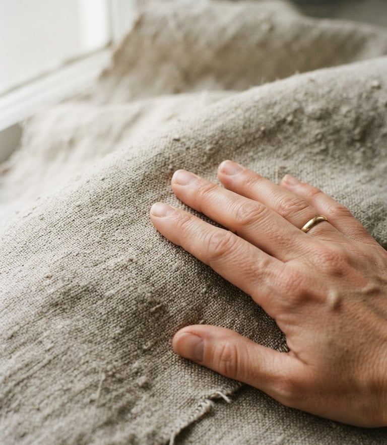 Macro close-up of hands gently running over unbleached loom-state linen fabric, soft natural window light, muted organic earth tones