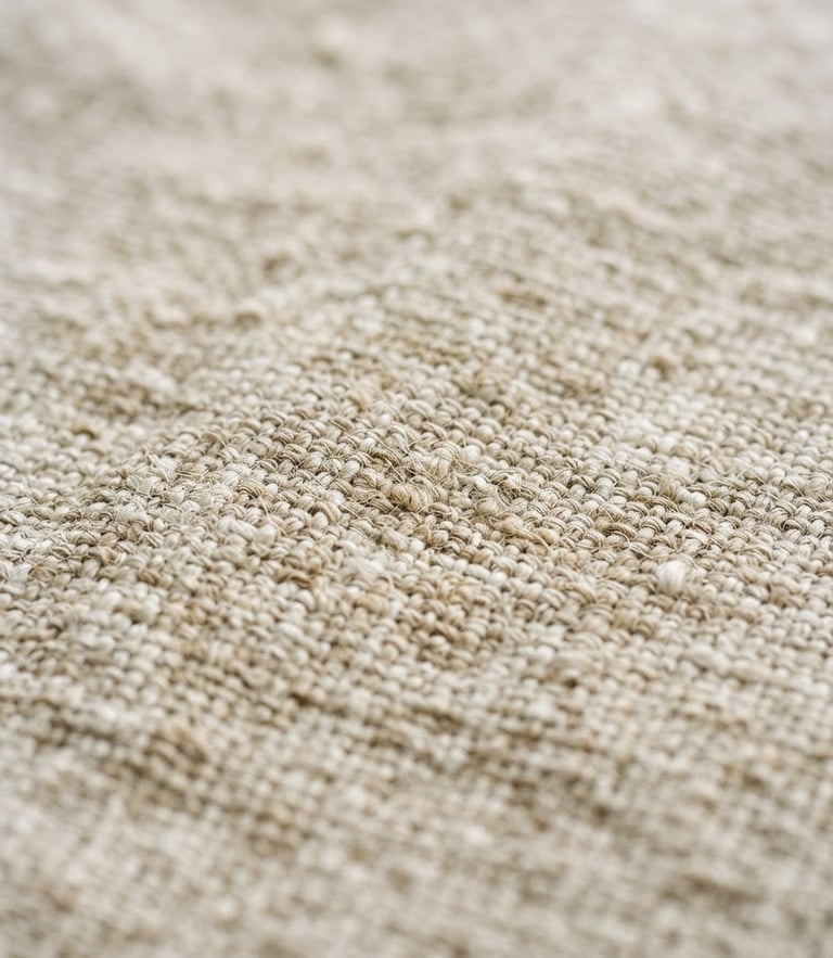 Macro close-up of washed oatmeal linen fabric showing loose, soft, organic weave texture under soft window light.