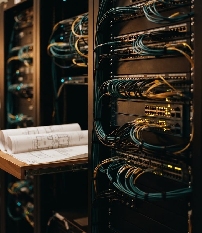 Close-up of clean telecommunication racks with warm LED glows, architectural blueprint partially visible, professional 35mm photography