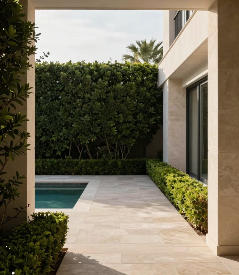 Jardín con setos cuidados y piscina en un chalet de Valencia