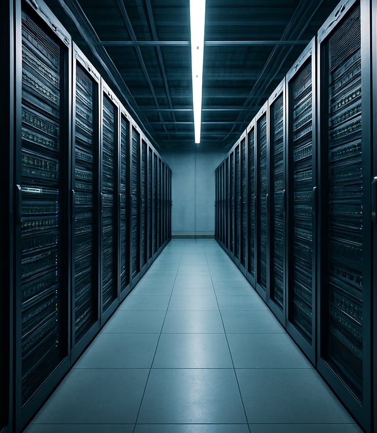 Wide-angle architectural shot of an industrial warehouse server closet, cleanly organized racks, cool lighting.