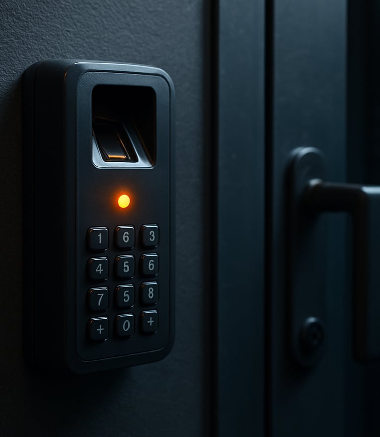 Close-up of a biometric card reader mounted next to a secure server room door, status light glowing orange.