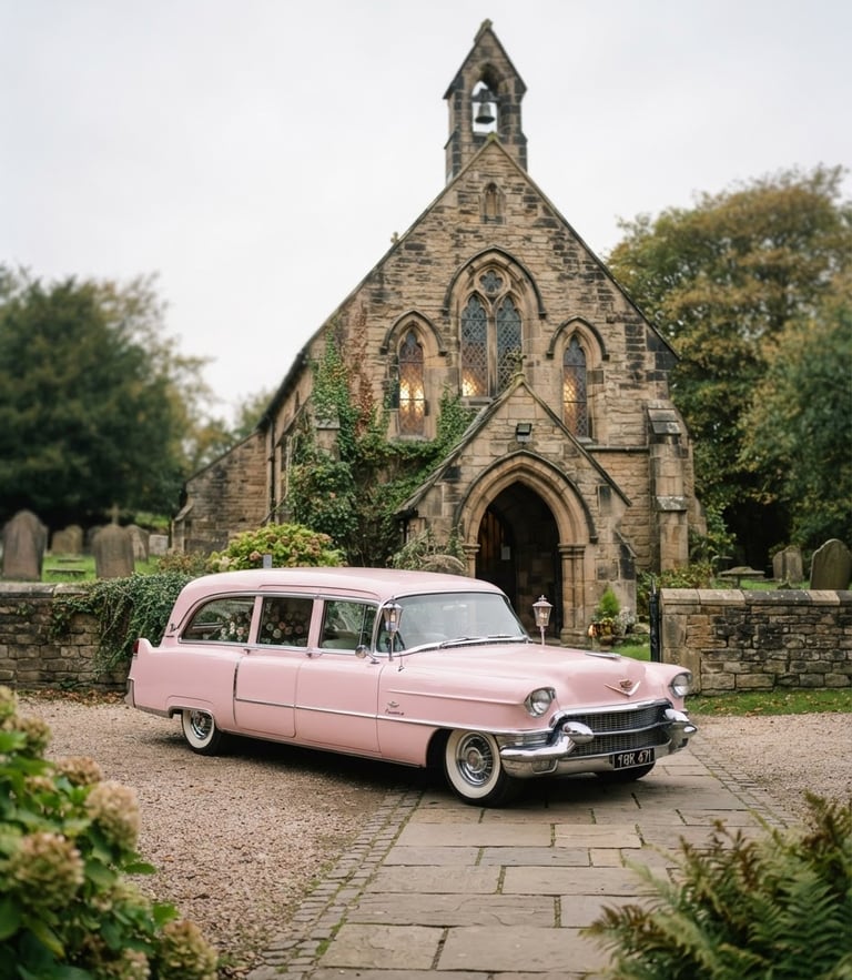 A pristine classic pink hearse parked elegantly in front of a historic stone chapel in South Yorkshire, soft overcast daylight, 50mm lens, shallow depth of field.