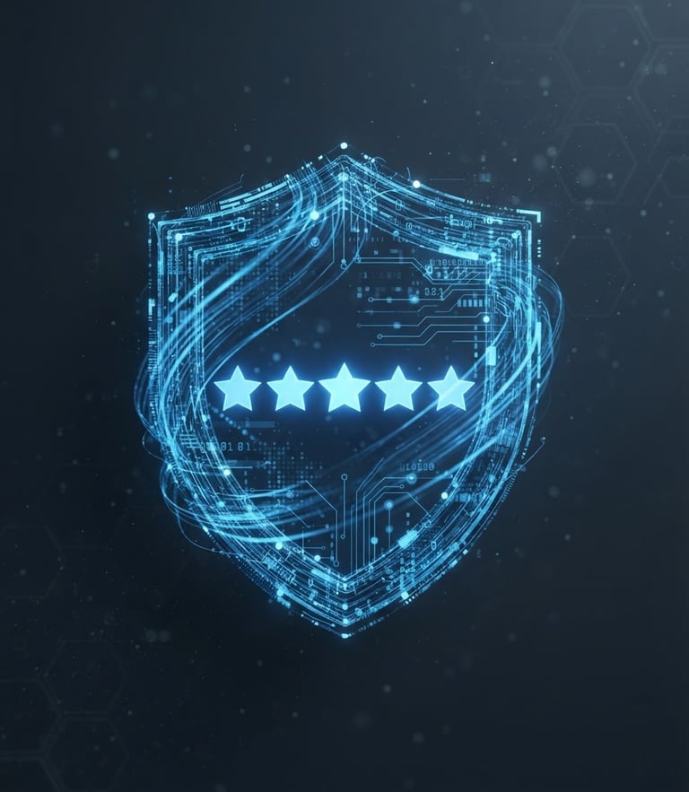 Clean 3D render of a shield icon made of electric blue data streams, protecting a cluster of glowing 5-star review symbols, against a deep slate background, minimalist tech aesthetic, cool studio lighting, sharp focus