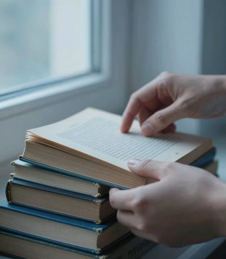 Close-up of hands gently sorting vintage books under soft morning window light, muted blue and slate tones