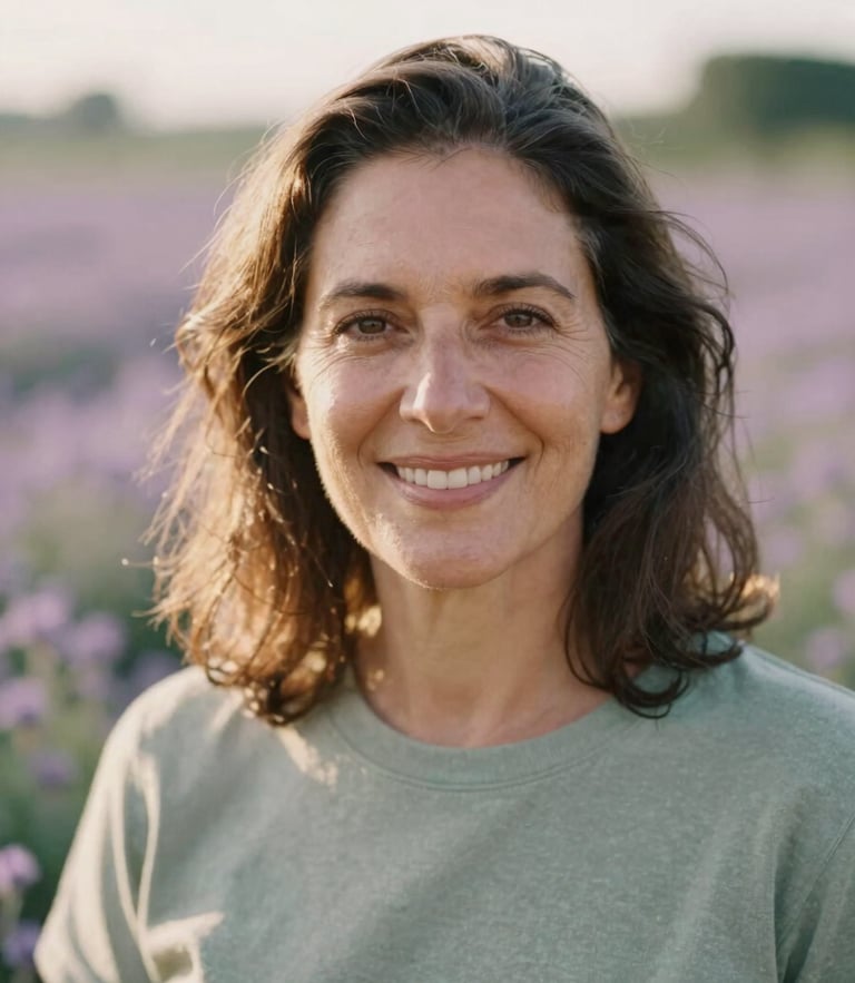Warm environmental portrait of Gaby Mol, a serene woman over 40 with a warm, authentic smile, soft diffused morning daylight, natural textures, earthy sage and lavender tones in the background, shallow depth of field, 35mm film texture.