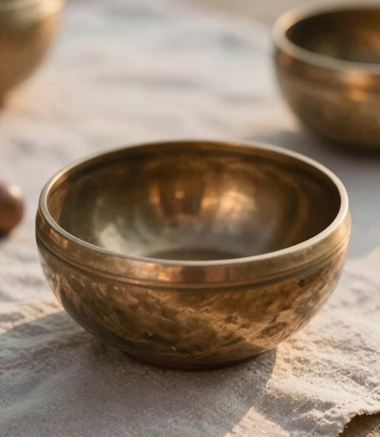 Macro shot of a bronze singing bowl resting on a soft linen cloth, warm golden hour natural light, sage green and sand tones, shallow depth of field, serene atmosphere