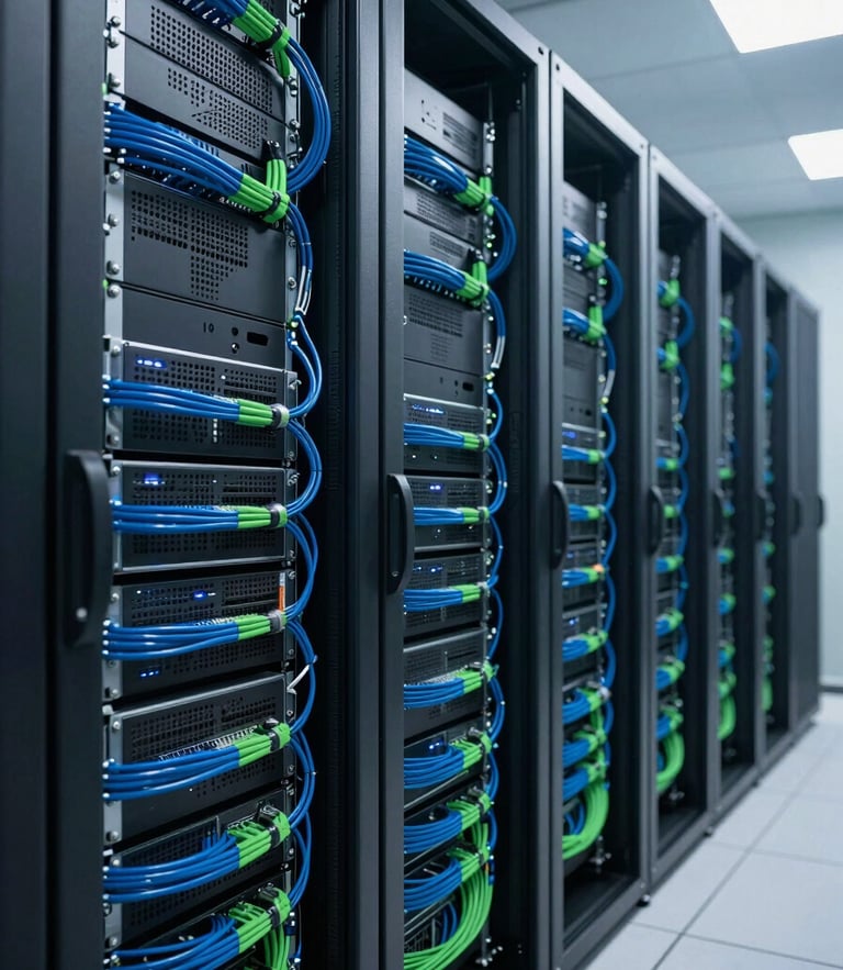 Wide environmental shot of a modern, brightly lit server room with immaculate, organized blue and green cabling, soft ambient tech light, high-end corporate aesthetic.