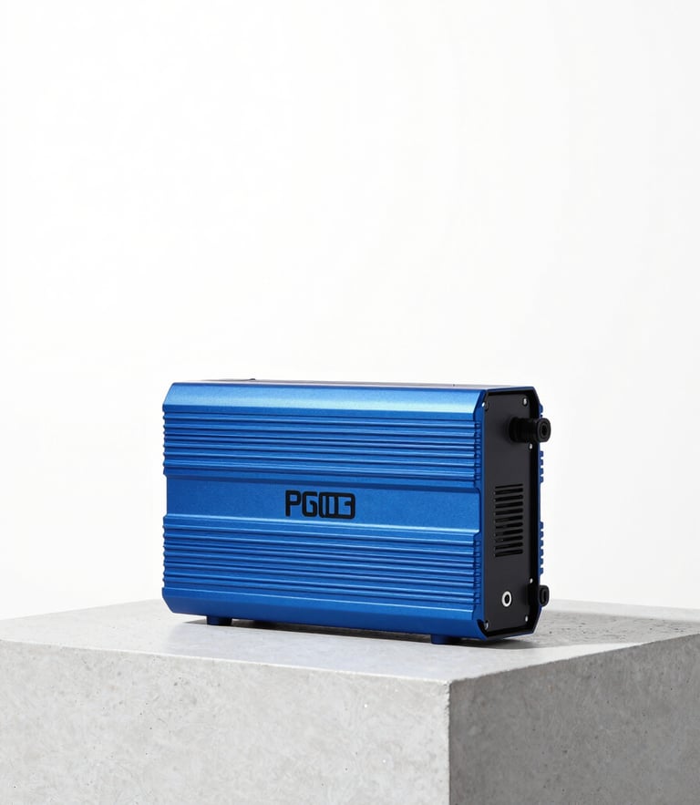Straight-on studio shot of a sleek blue domestic power inverter sitting on a clean concrete pedestal, bright high-key product photography, crisp studio light