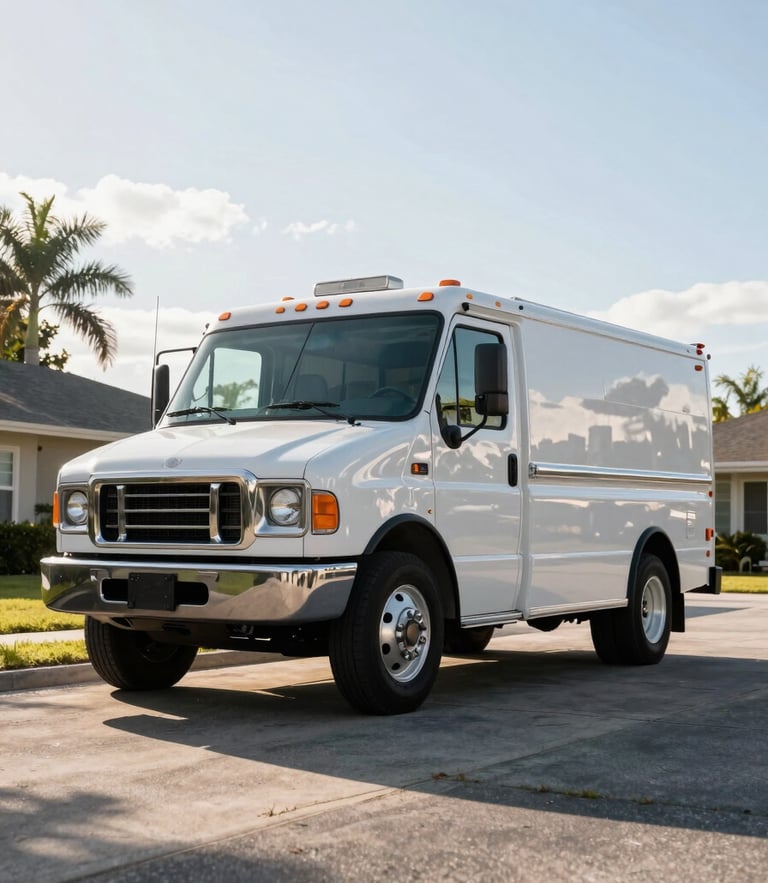 Low-angle heroic shot of a clean SwiftCurrent service truck parked in a suburban Longwood driveway, bright Florida morning sunlight reflecting off the metallic vehicle body, sharp focus.