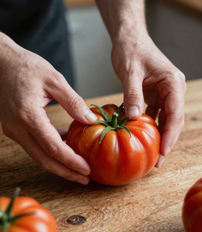 Tight macro shot of hands preparing fresh heirloom tomatoes on a rustic wooden table, soft directional natural light casting deep shadows, Scandinavian kitchen setting, warm tones, high contrast.