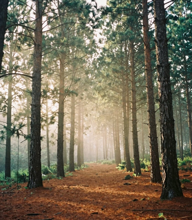 Misty morning pine forest in the Sierra de Hidalgo, warm sunlight filtering through tall trees, 35mm film style, rich green and clay tones.
