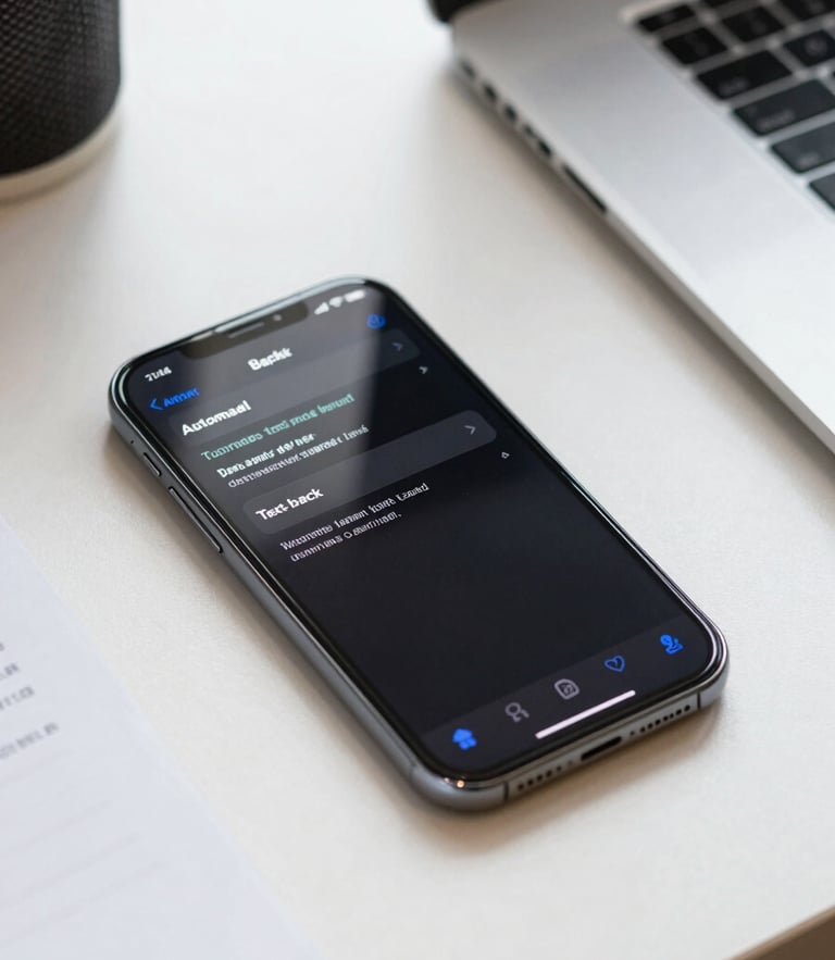 A clean, bright Australian office desk with a modern smartphone showing an automated text-back notification, natural daylight, eye-level close-up