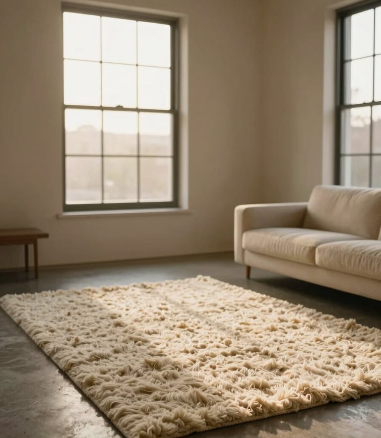 Warm editorial photography of a large minimalist living room with soft golden-hour window light, featuring a rich textured cream wool rug on concrete floors.