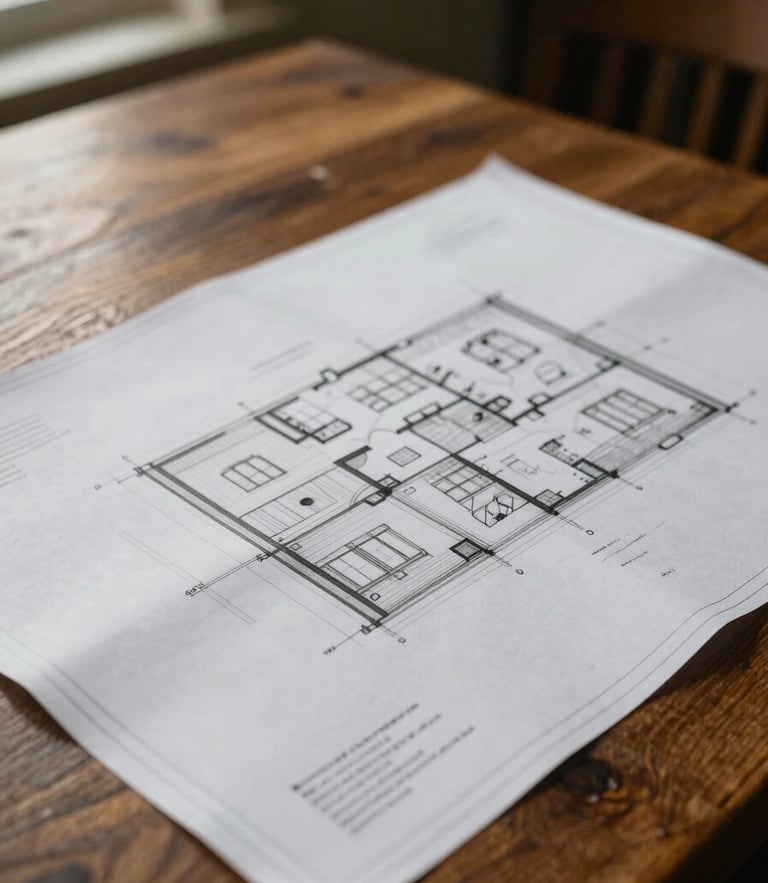 Close-up of a detailed architectural blueprint laid out on a dark oak table, warm interior lamplight, focus on precise drafting lines.