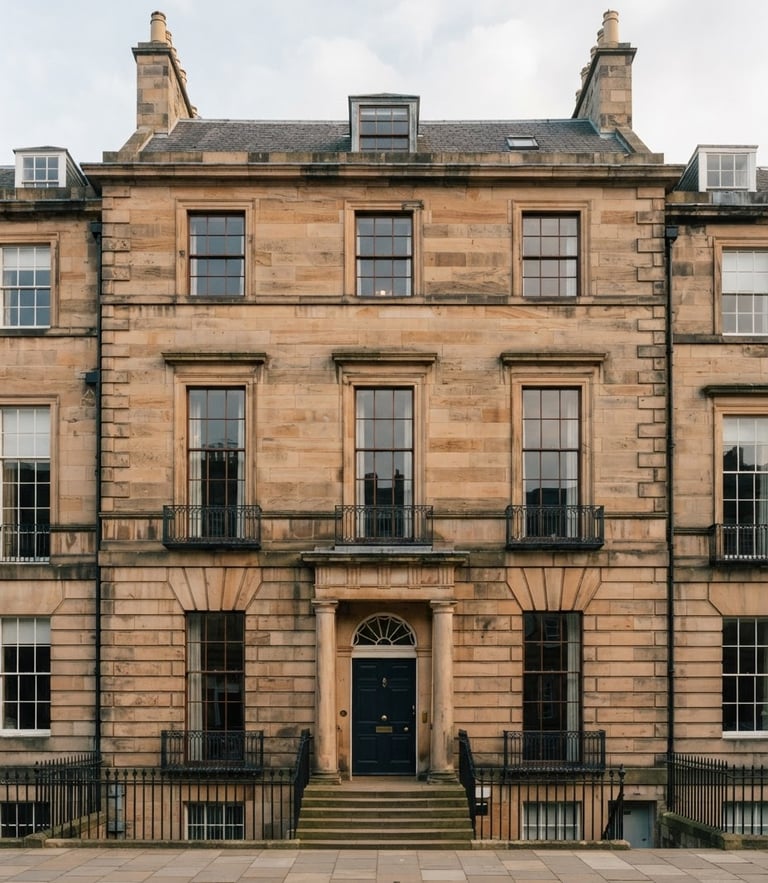 Architectural elevation of a Georgian sandstone townhouse in Edinburgh New Town, soft overcast daylight, warm stone textures, medium format film