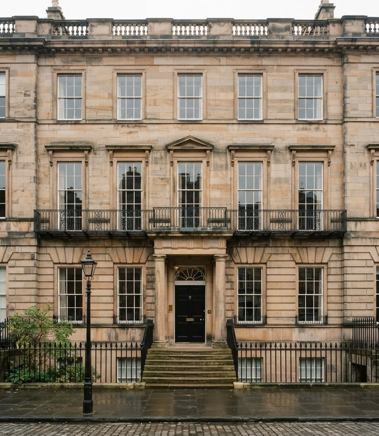 Classic Edinburgh sandstone townhouse facade in New Town, soft overcast Scottish daylight, medium format film, architectural elevation.