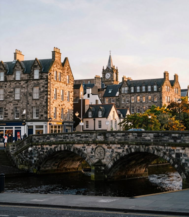 Quiet streetscape of Stockbridge Edinburgh, historic stone bridge over water, soft golden hour lighting, muted historic tones.