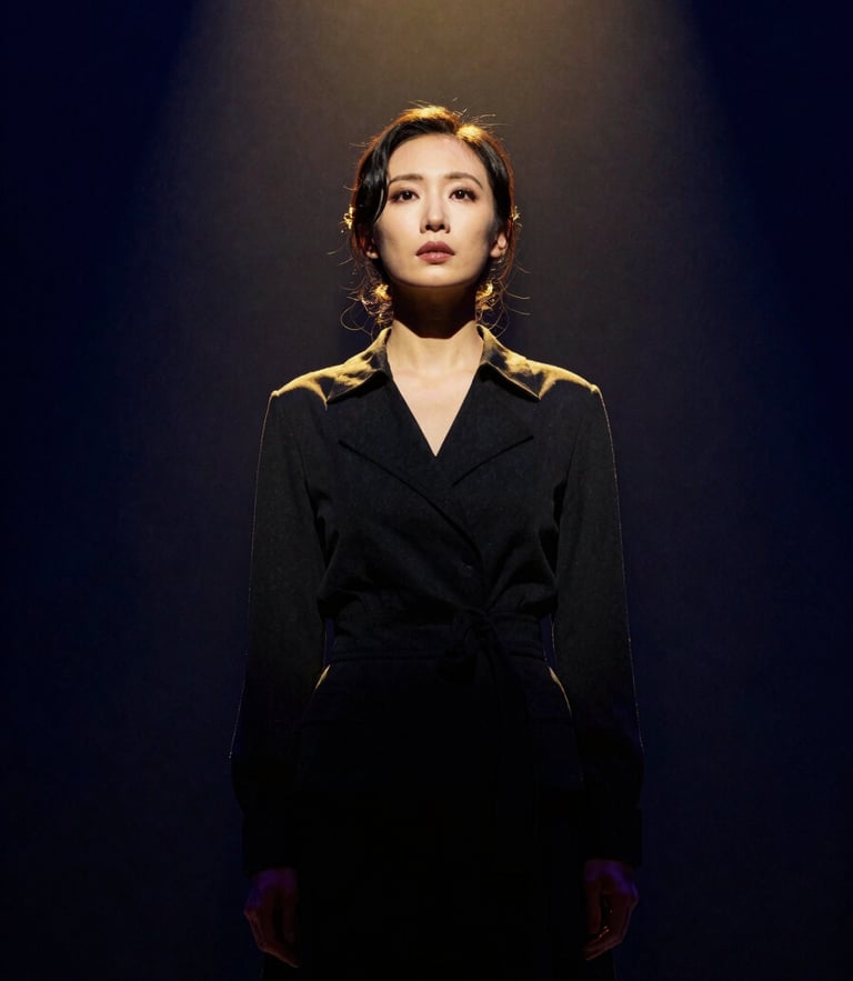 Dramatic stage portrait of a lead actress in dark attire, high-contrast chiaroscuro lighting, deep navy background, warm spotlight gold accent, 35mm film.