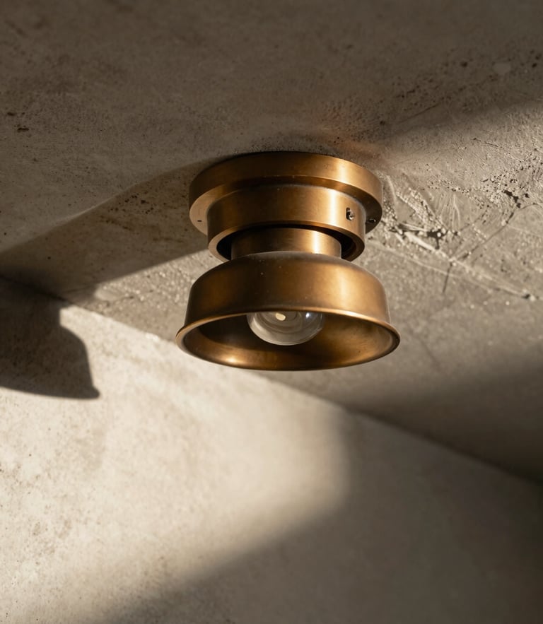 Macro shot of a heavy sand-cast bronze downlight installed in a raw concrete ceiling, harsh direct sunlight casting a sharp geometric shadow across the plaster wall.