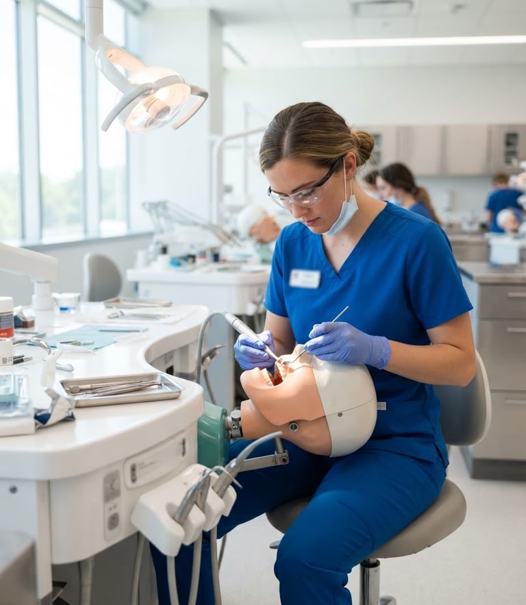 A medical student in clean scrubs working in a modern clinical simulation lab under bright natural daylight, 35mm lens.
