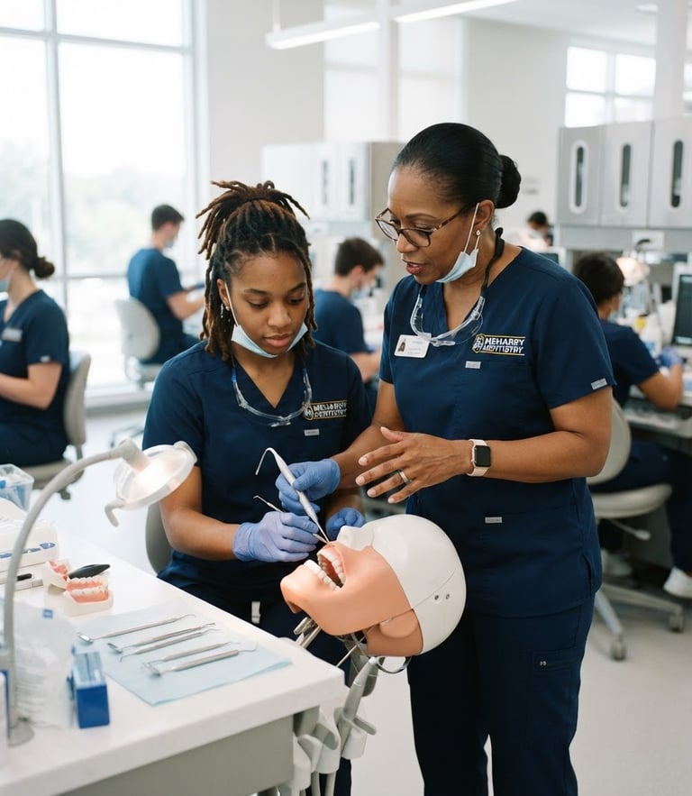 A professional portrait of a Meharry faculty dentist in clean navy scrubs mentoring a student in a bright, modern clinical simulation lab, natural daylight, 35mm lens.