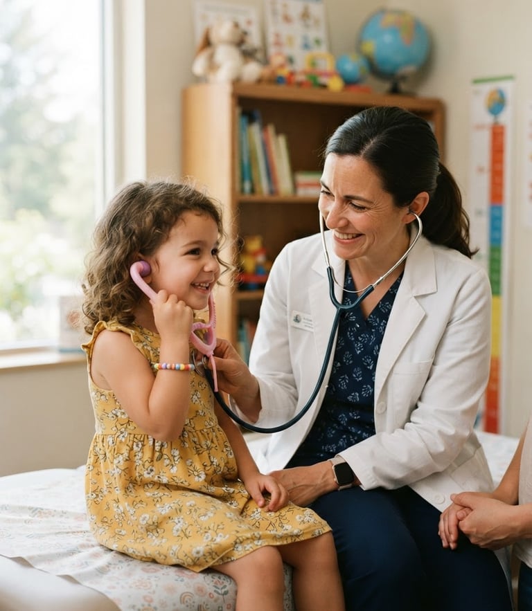 A gentle pediatric checkup in soft, natural daylight, a female doctor smiling warmly at a young child holding a toy stethoscope, authentic candid moment, rich organic tones