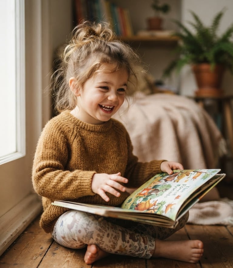 A warm editorial portrait of a young child smiling while looking at a picture book, soft natural daylight, shallow depth of field.