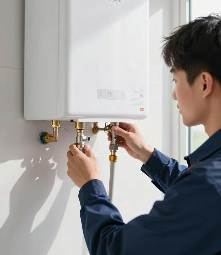 Close-up of a professional technician in a clean uniform installing a modern tankless water heater, bright natural daylight, sharp focus, 35mm