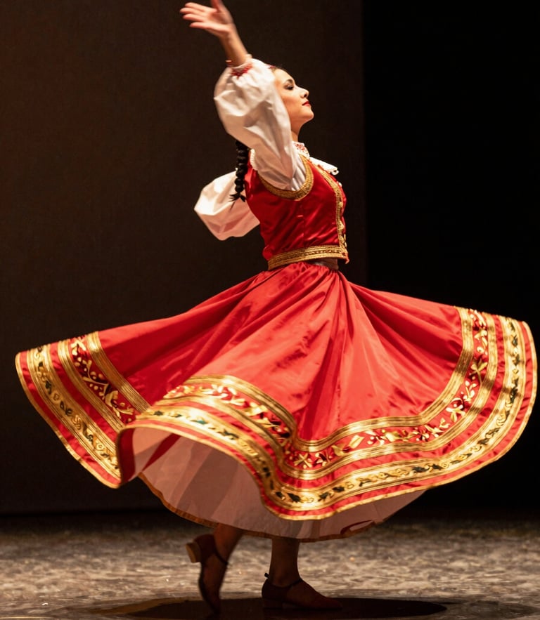 Low-angle dynamic shot of a folkloric dancer in mid-spin, vibrant crimson and gold embroidered skirt catching warm natural studio light, subtle motion blur, 35mm film grain.