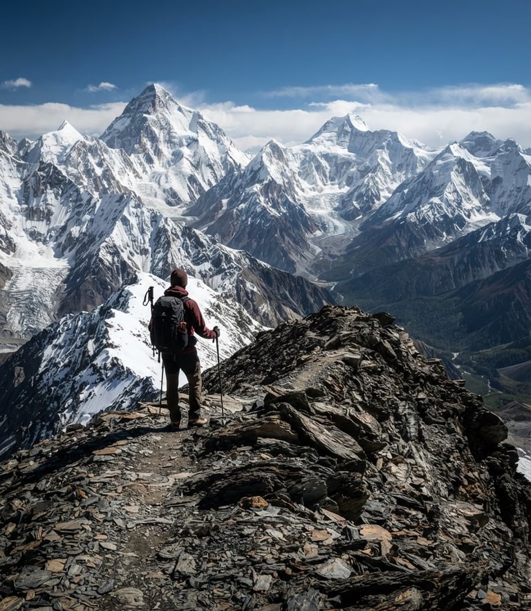 A lone trekker standing on a rocky ridge looking out over the massive snow-covered peaks of the Karakoram range, harsh alpine sunlight, deep forest green tones, 24mm wide-angle