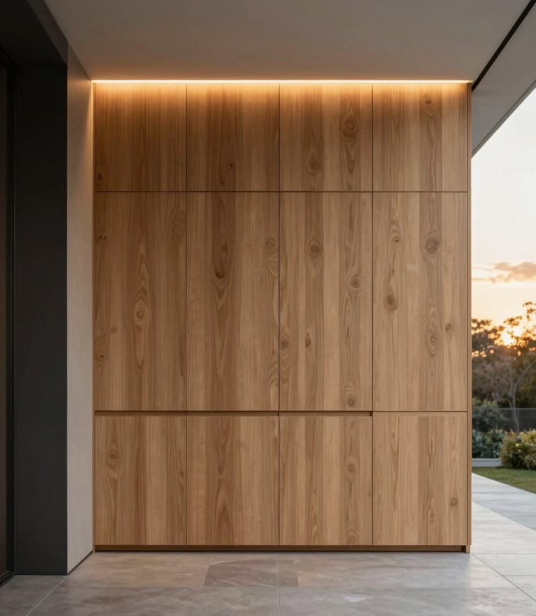 Sleek architectural interior featuring custom-milled oak cabinetry with soft, warm integrated lighting, clean minimalist design, natural diffused daylight, straight-on medium shot, 35mm lens.
