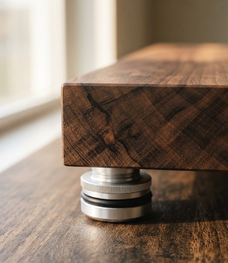 Macro detail shot of a solid walnut isolation platform corner, showing the hand-planed end-grain density meeting precision aluminum isolation feet, warm directional side-lighting, shallow depth of field, 35mm