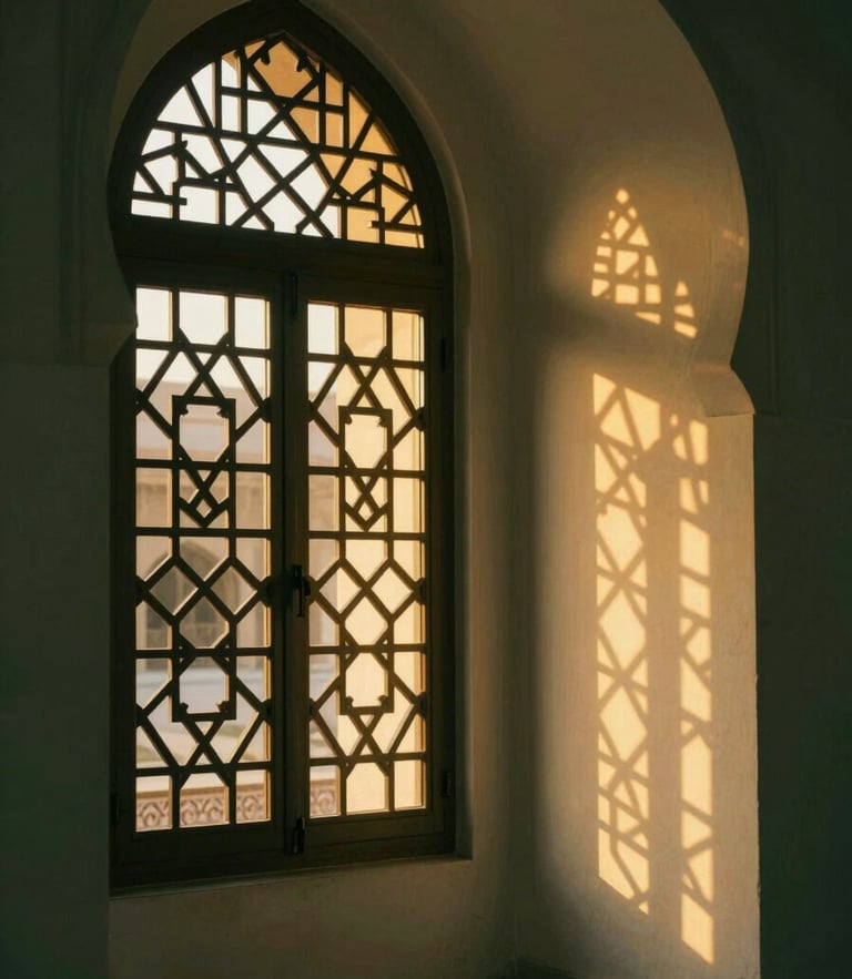 Softly lit Islamic architectural archway, warm golden-hour light filtering through geometric screens, deep emerald shadows, shallow depth of field, quiet sanctuary atmosphere