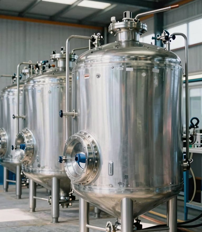 Pristine stainless steel chemical mixing tanks in a brightly lit industrial facility, cool daylight, sharp focus, 35mm