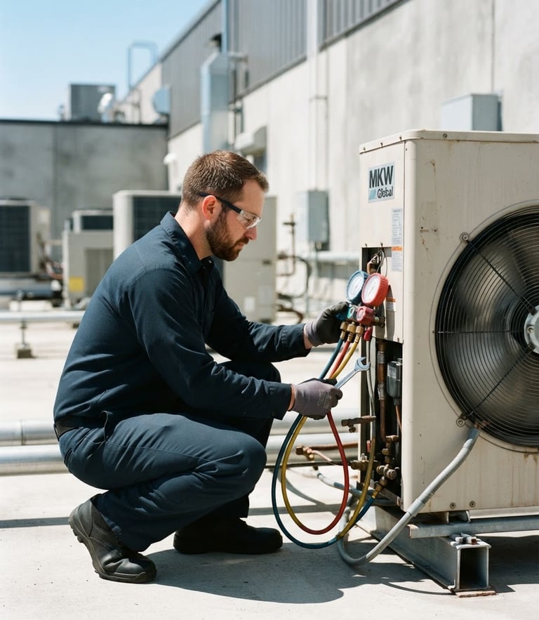 Branded MKW Global technician in a clean navy uniform adjusting a commercial outdoor air conditioning compressor with manifold gauges, bright daylight, high contrast, 35mm lens