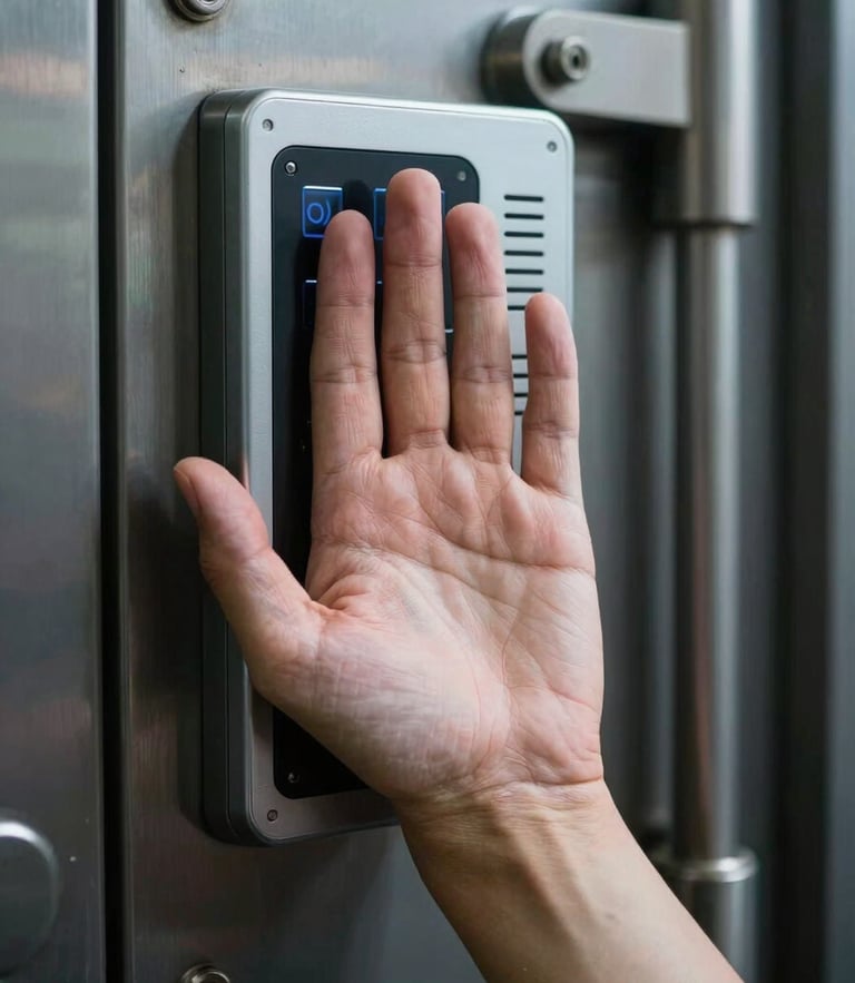 Close-up of a biometric palm-vein scanner at a vault entrance, cool-toned directional lighting, deep shadows, crisp steel textures.