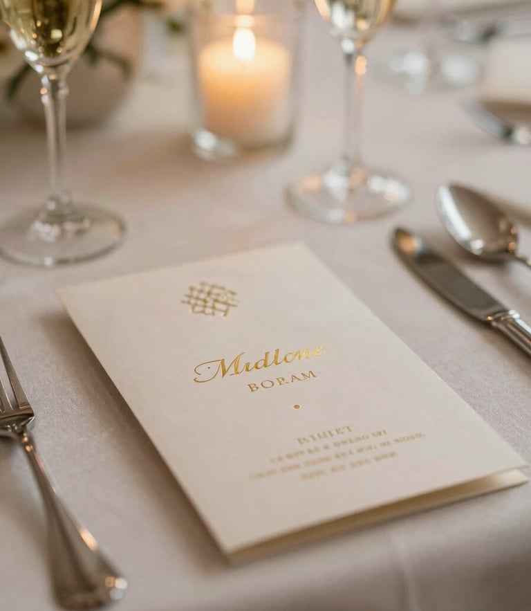Macro shot of luxury table settings, gold-embossed invitations resting on textured silk linen, candle light reflecting on crystal glassware, shallow depth of field