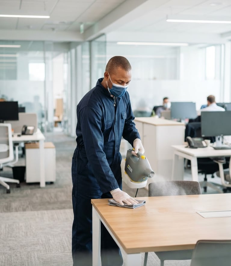 Un technicien de nettoyage guinéen professionnel en uniforme de protection bleu marine, utilisant un pulvérisateur de désinfection technique dans un bureau d'entreprise moderne et lumineux, éclairage commercial blanc et net, 35mm