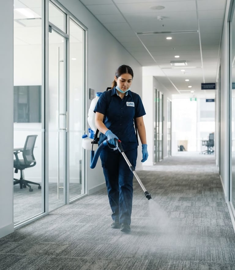 Medium shot of a professional cleaning technician in a clean navy uniform operating specialized sanitizing equipment in a pristine office corridor, bright daylight, sharp focus, 35mm