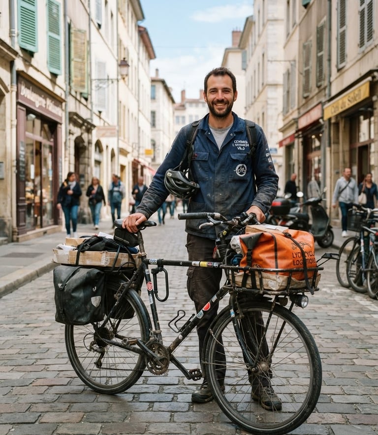 A professional French local courier smiling next to his bicycle on a sunny street in Lyon, bright daylight, authentic urban background, 35mm lens