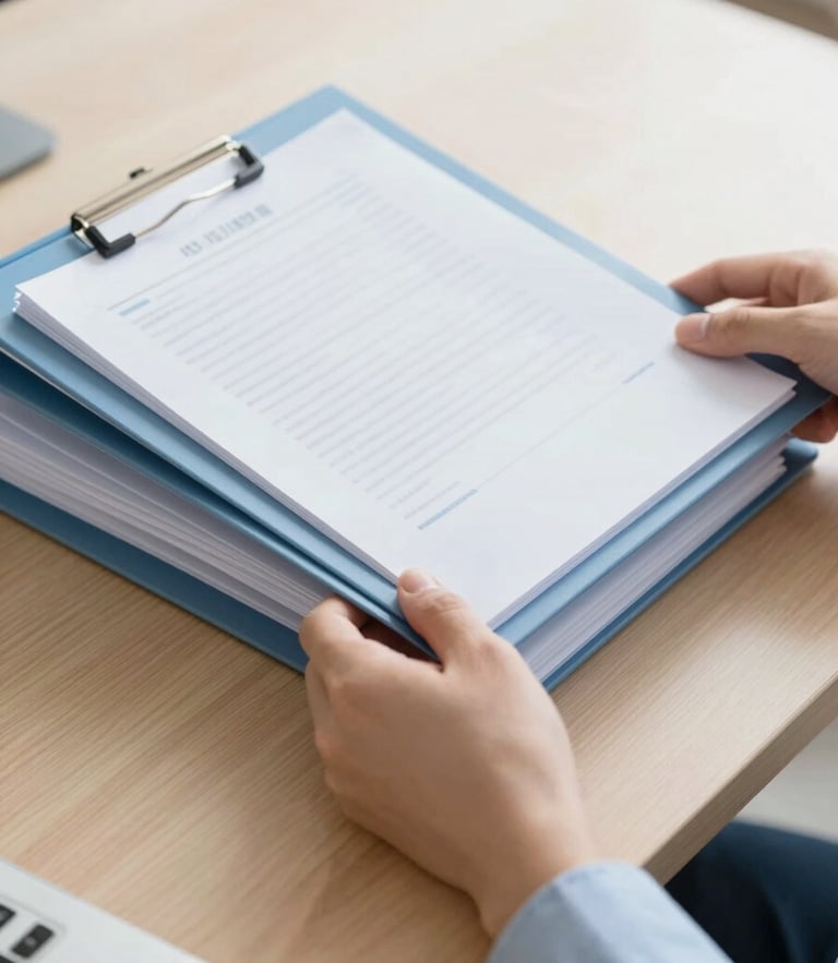Close-up of hands organizing high-quality document folders on a clean oak desk, bright natural morning light, sharp focus, professional 35mm photography
