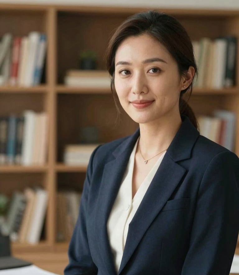 A professional female consultant in a warm, naturally lit office, soft-focus bookshelves in the background, navy blazer, looking warm and confident, 35mm editorial photography.