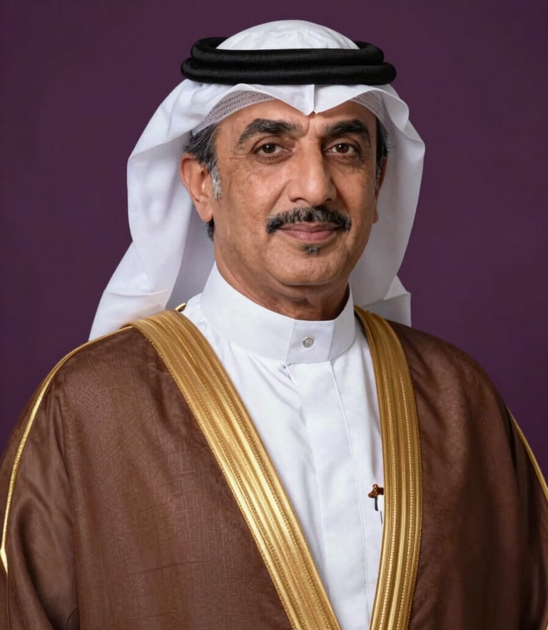 Dignified medium-close portrait of Ambassador Ahmad Mohammad in formal Emirati attire, warm studio lighting, deep purple backdrop, prestigious editorial style