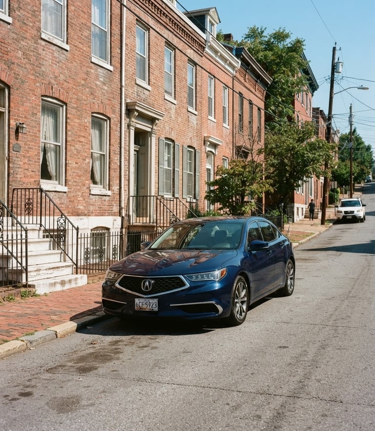 Bright natural daylight, crisp editorial photo of a clean modern sedan parked along the historic brick facades of Paca Street in Baltimore, 35mm