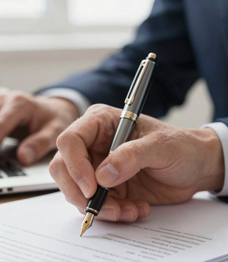 A close-up macro shot of professional hands holding a heavy fountain pen over a crisp legal document, bright natural overcast daylight, deep navy tones, sharp focus, 35mm