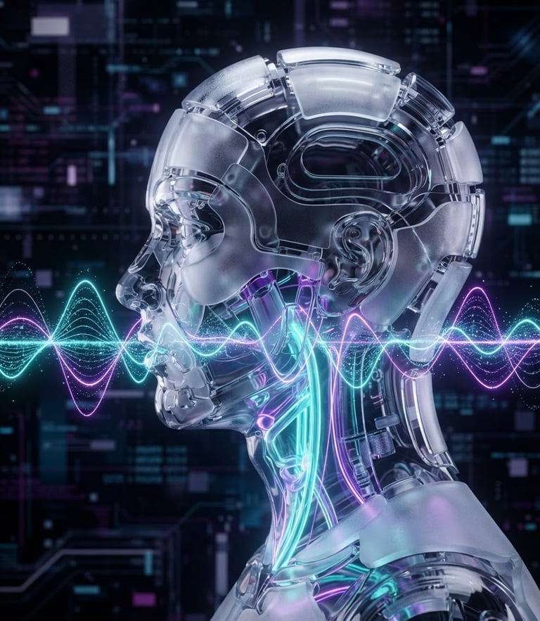 Sleek 3D render of a glassmorphic human head profile with glowing vocal cords and soundwaves, dark futuristic tech aesthetic, neon teal and violet accents, 8k