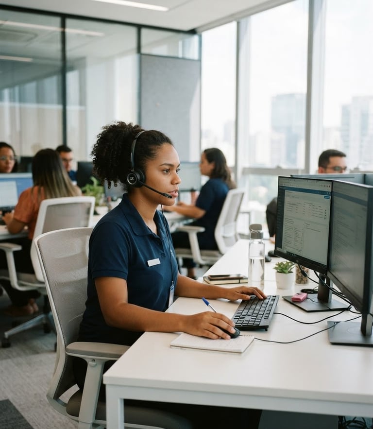 Professional Brazilian call center operator in a bright modern office, focused expression, natural daylight, 35mm photography