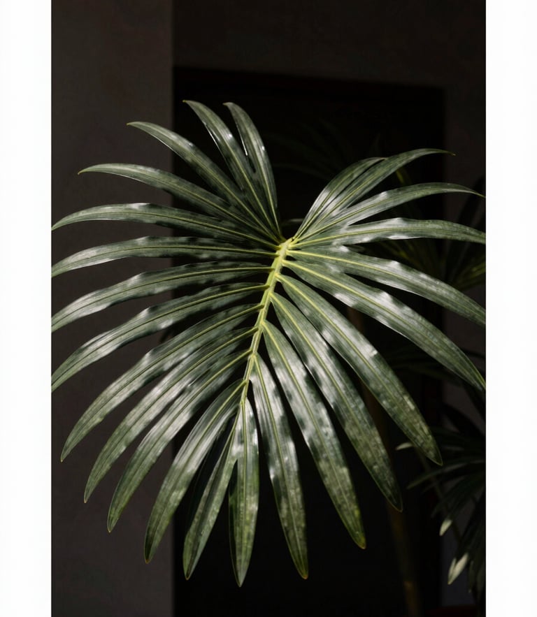 Close-up of artificial palm leaf textures with realistic matte veins, dramatic side-lighting, dark architectural background, vertical portrait crop